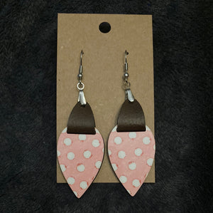 Pink Polkadot(UD15) -  Upside Down Teardrop Earrings with Faux Leather Accent - 1.5"