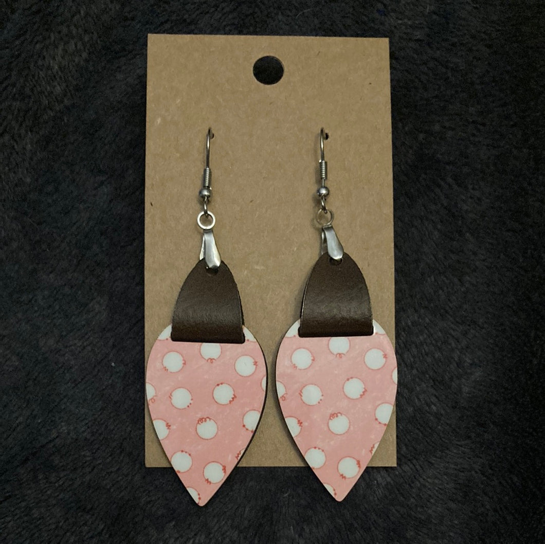 Pink Polkadot(UD15) -  Upside Down Teardrop Earrings with Faux Leather Accent - 1.5