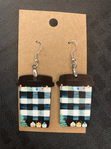 Black and White Plaid (CM10) - Coffee Cup Earrings 1.5