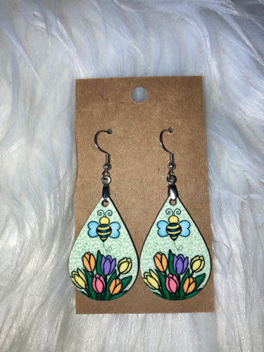 Tulips and Bee (TD59) Tear Drop Earrings