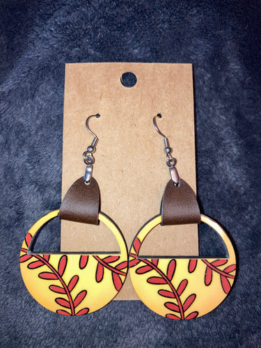 Softball (LHC02) Half Circle Earrings with Faux Leather Accent