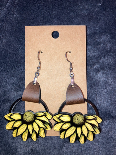 Sunflower (LRF02) Round Flower Earrings with Faux Leather Accent