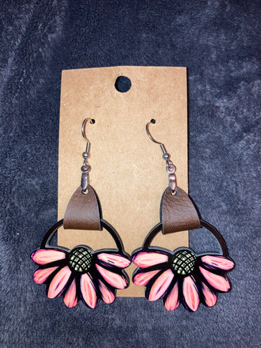 Pink (LRF03) Round Flower Earrings with Faux Leather Accent