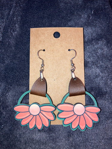 Pink 2 (LRF04) Round Flower Earrings with Faux Leather Accent