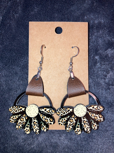 Print (LRF05) Round Flower Earrings with Faux Leather Accent