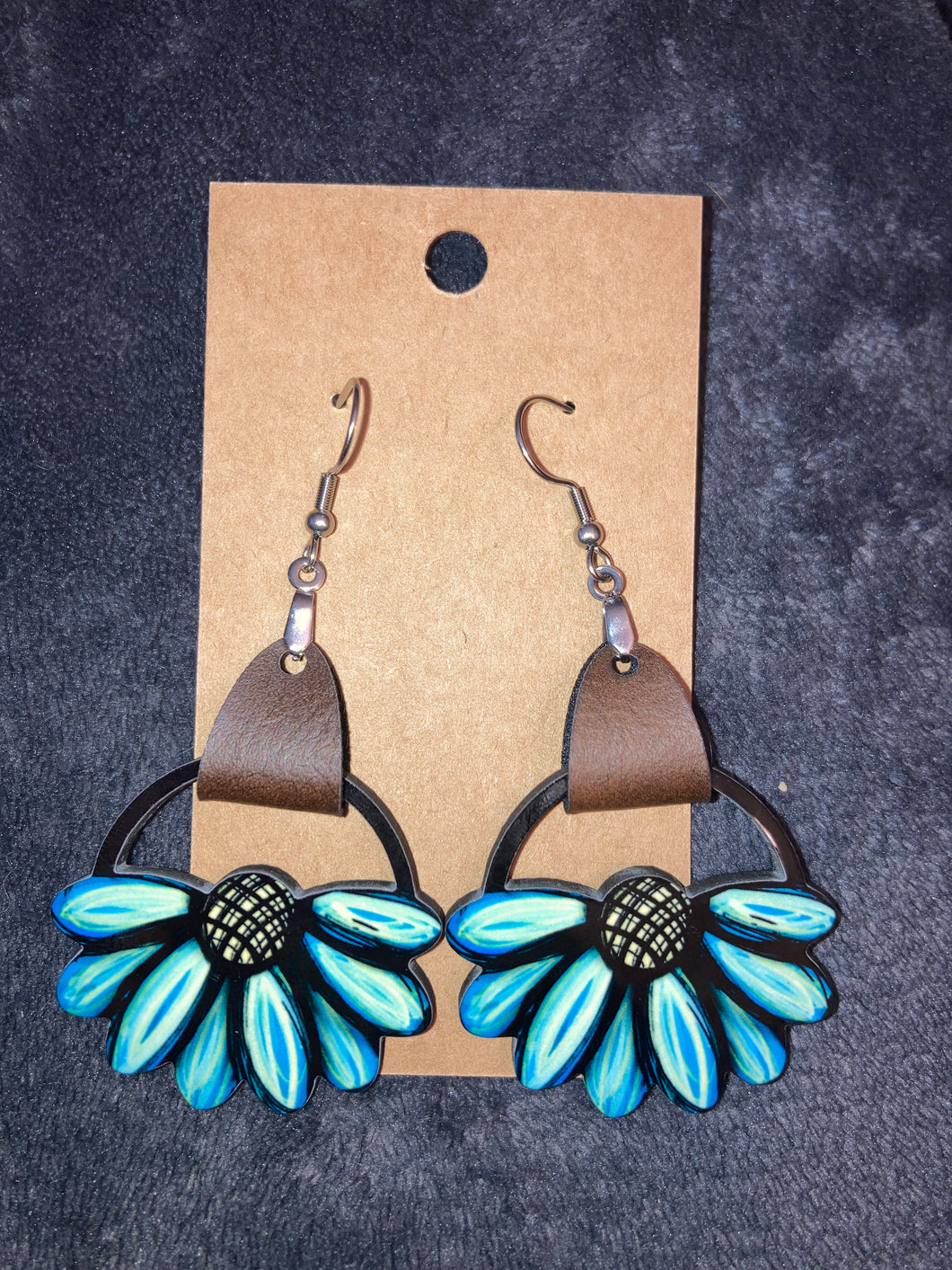 Blue Green (LRF06) Round Flower Earrings with Faux Leather Accent