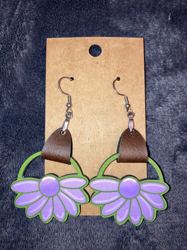 Purple (LRF07) Round Flower Earrings with Faux Leather Accent