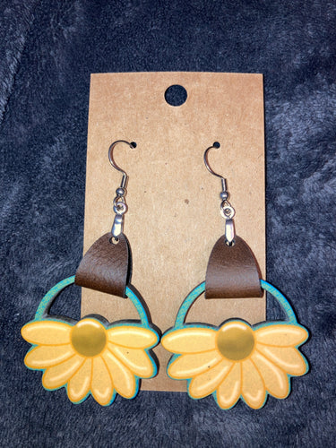 Yellow Orange (LRF08) Round Flower Earrings with Faux Leather Accent