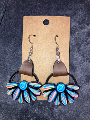 Multicolor (LRF10) Round Flower Earrings with Faux Leather Accent