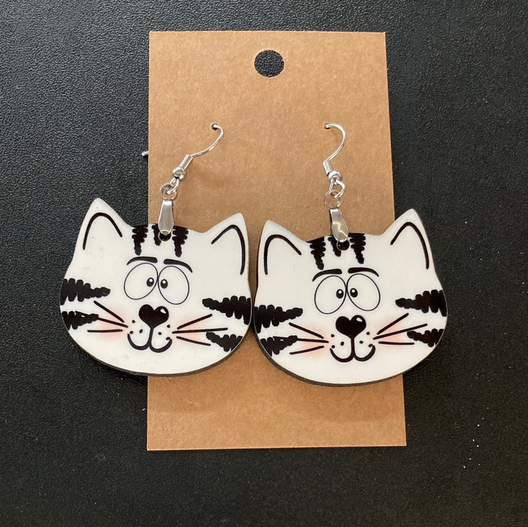 White Tabby Cat Head (CH04) Earrings