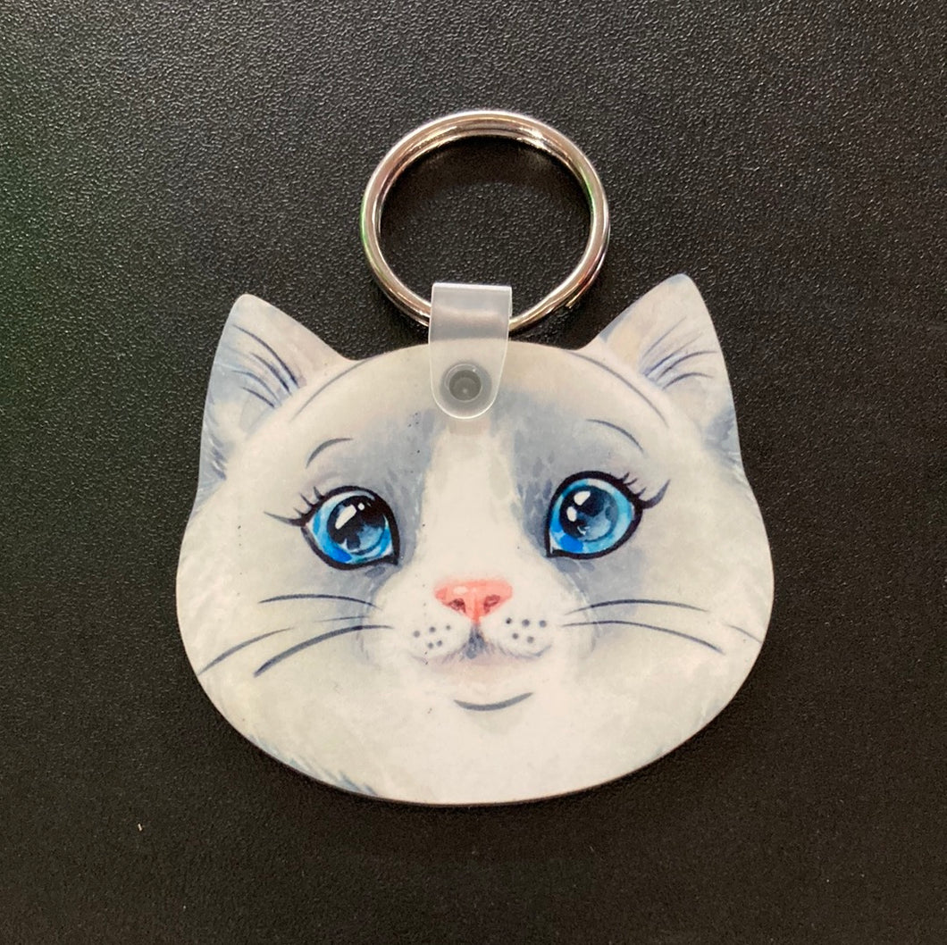 Grey and White (CH06) Cat Head Shape Keychain