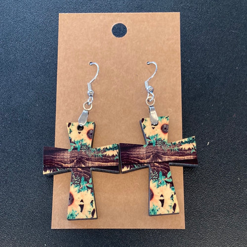 Sunflower Wood Cross (CR08) Earrings