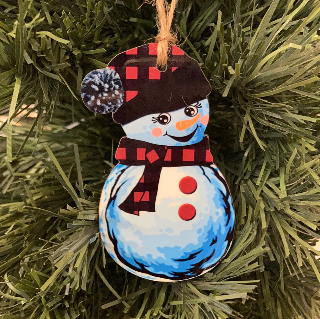 Red Buffalo Plaid - Snowman with Beanie Shape Ornament - SB01