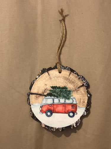 Van with Tree (WS21) Wood Slice Ornament