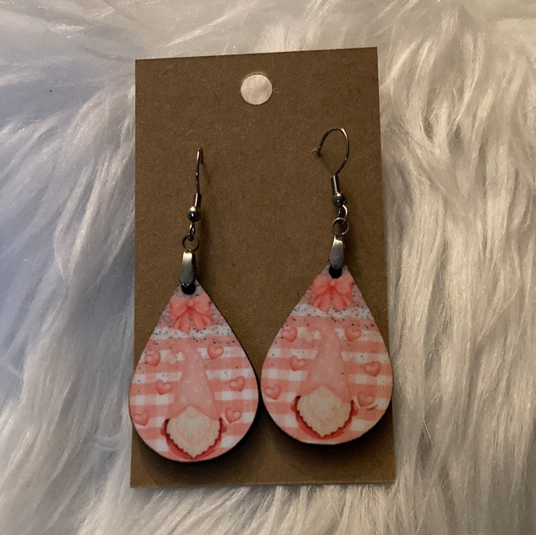 Pink Heart Gnome Tear Drop Earrings