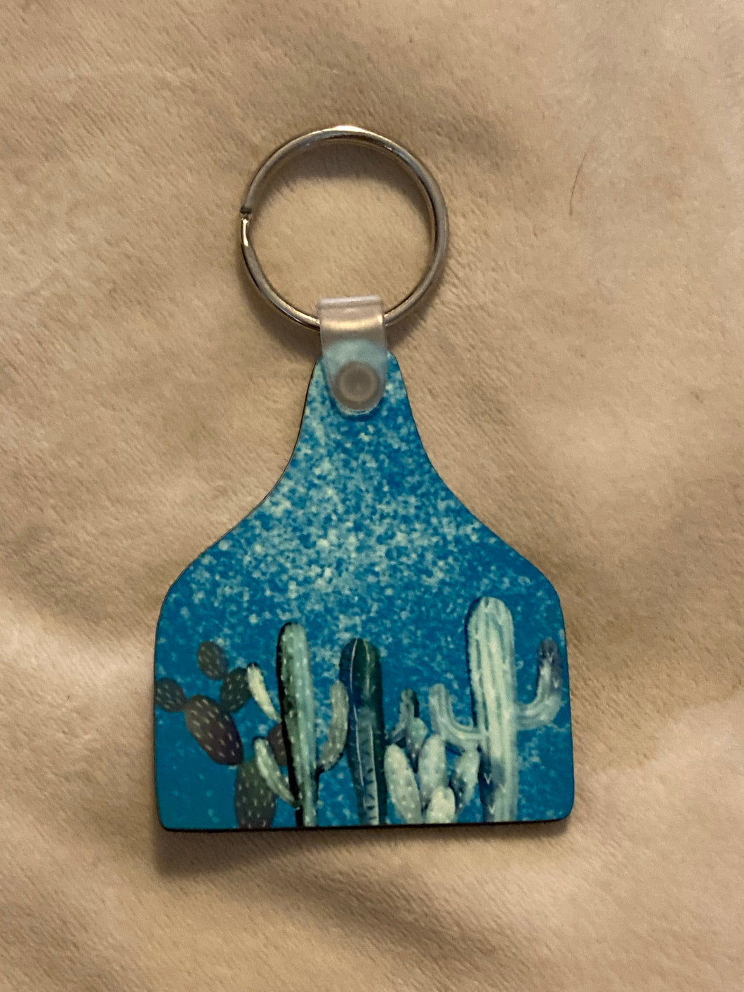 Teal with Cactus(CT12) - Cow Tag Shape Keychain