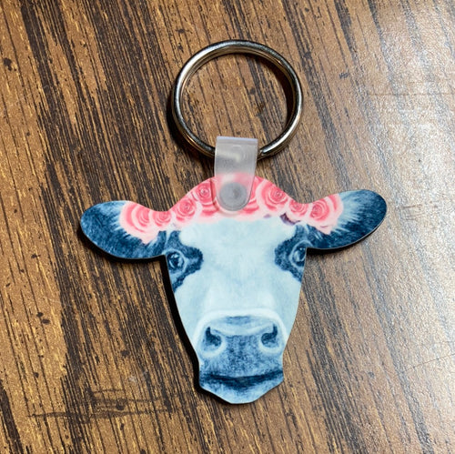 Black and White with Pink floral (CH01) - Cow Head Keychain