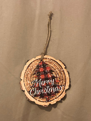 Merry Christmas Buffalo Plaid Tree Wood Slice Ornament