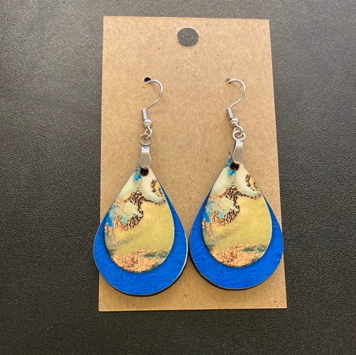 Blue and Gold Double Look Tear Drop Earrings