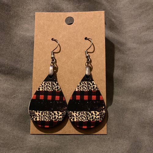 Black Red Print -  Tear Drop Earrings