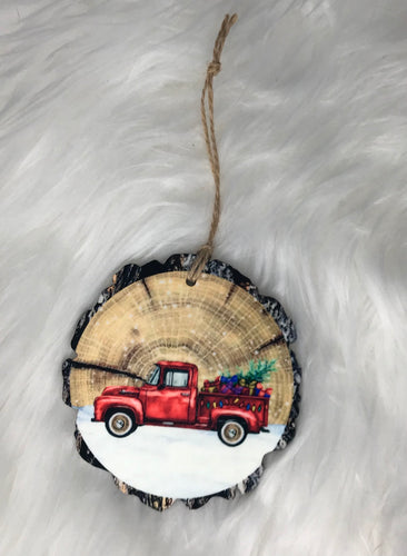 Red Vintage Truck with Christmas Tree  (WS14) Wood Slice Shape Ornament