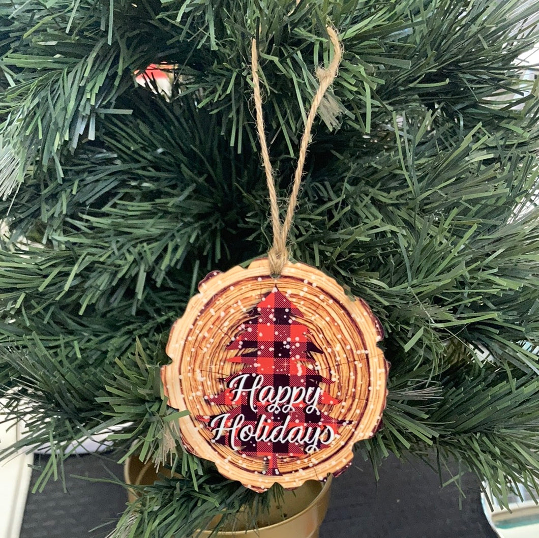 Happy Holidays Buffalo Plaid (WS08) Tree Wood Slice Ornament