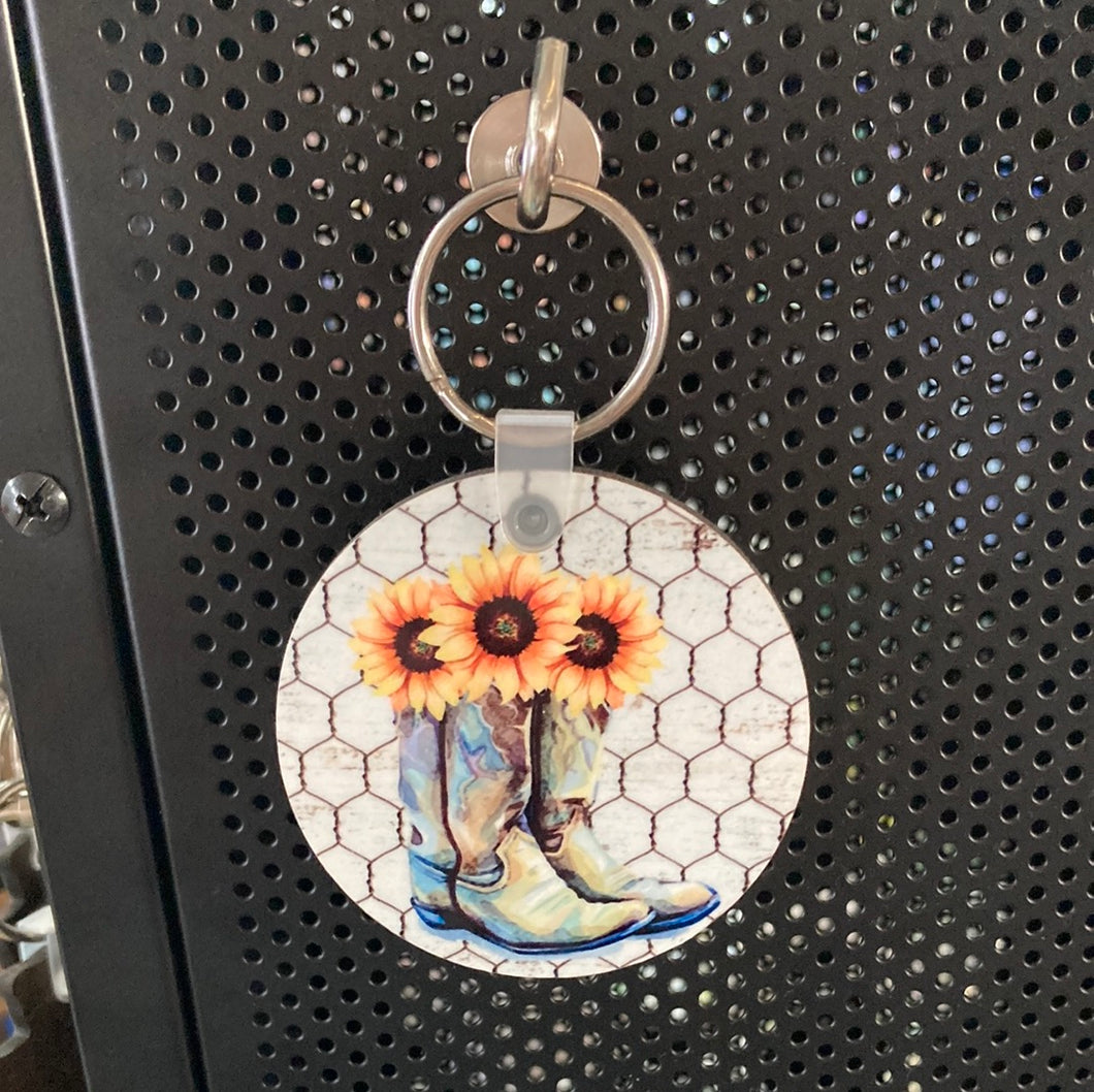 Boots and Sunflowers (R13)- Circle Keychain