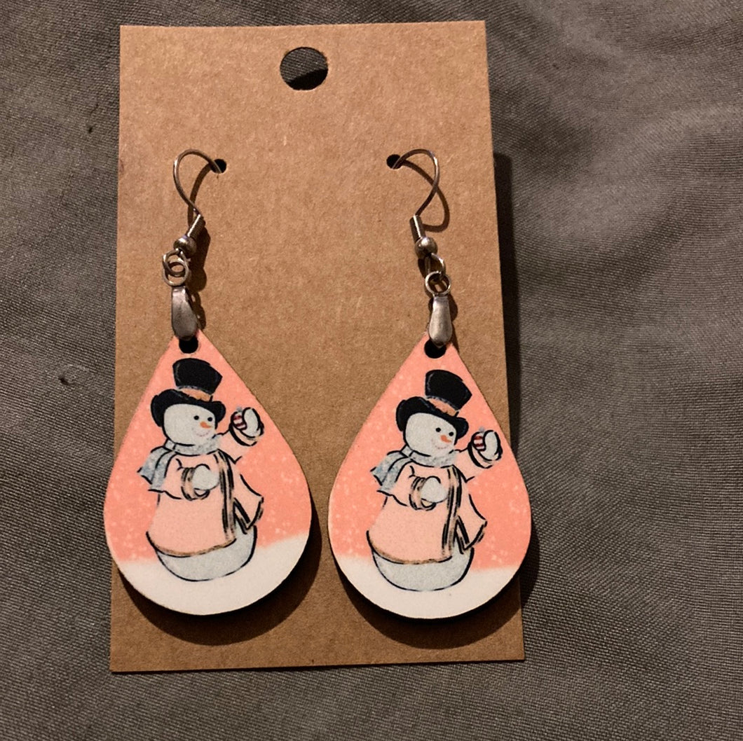 Pink Snowman -  Tear Drop Earrings