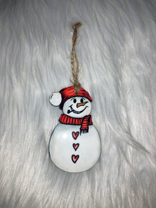 Red Scarf Hearts - Snowman with Beanie Shape Ornament