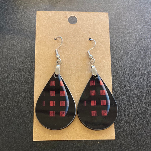 Black Red Plaid Double Look Tear Drop Earrings