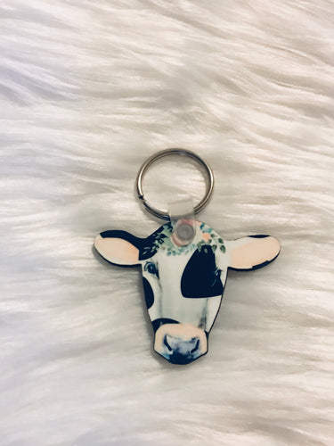 Black & White with Floral (CH04) - Cow Head Keychain