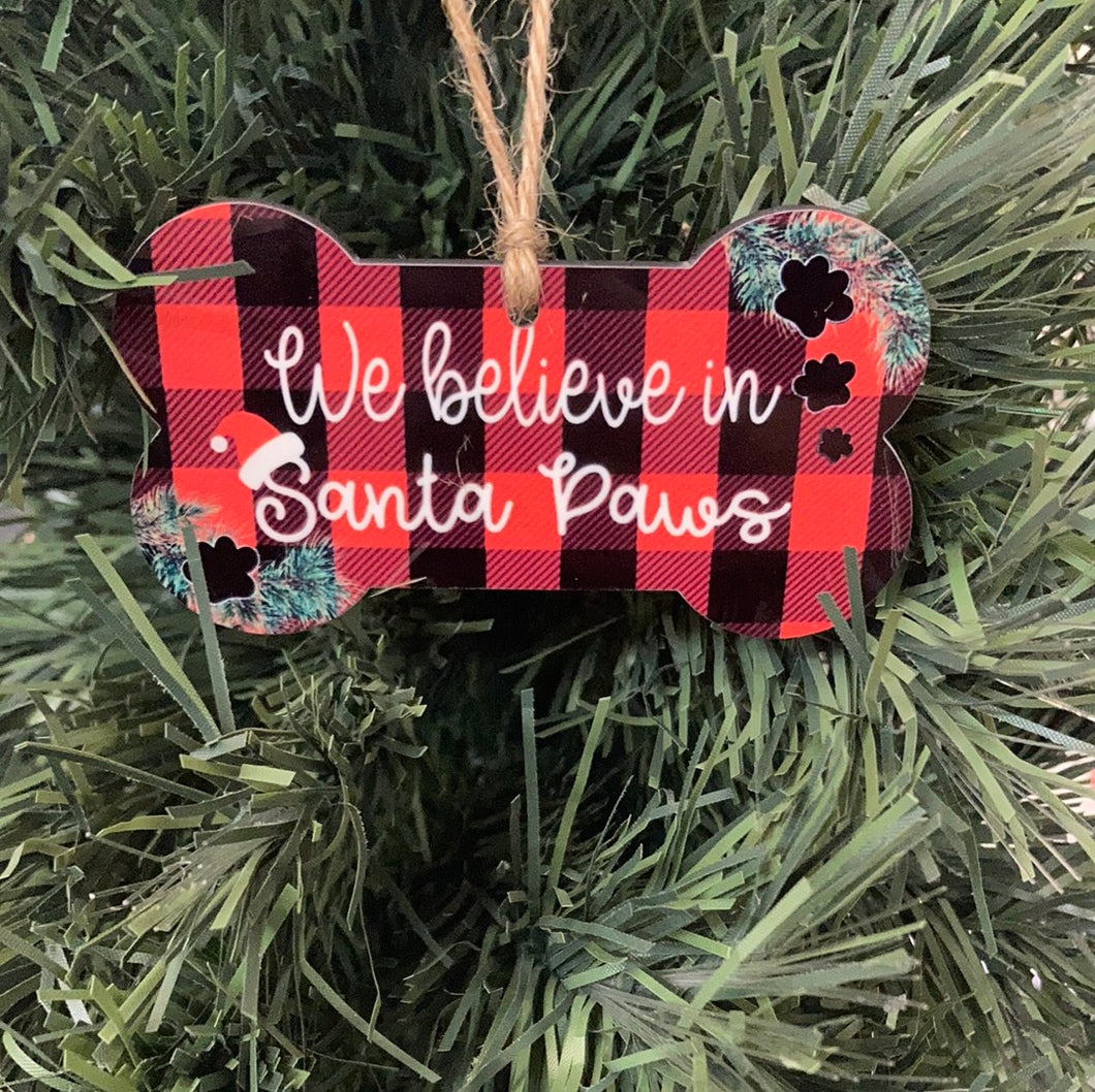 We Believe in Santa Paws Buffalo Plaid (DB02) - Bone Shape Ornament