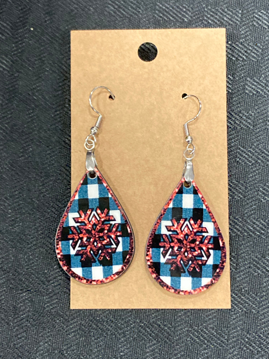 Buffalo Plaid Red Snowflake (TD07) - Tear Drop Earrings