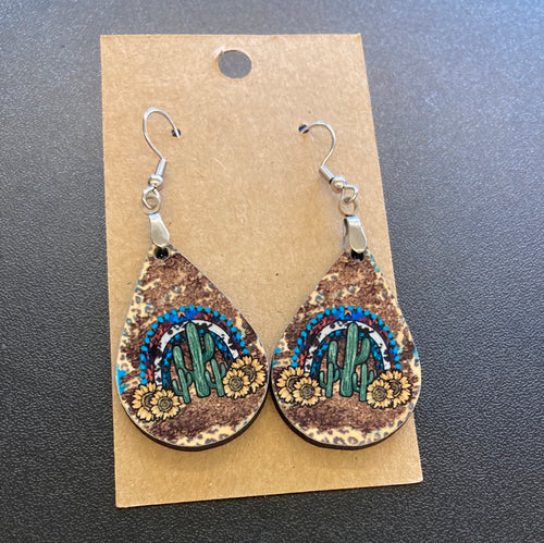 Western Cactus Sunflower Tear Drop Earrings