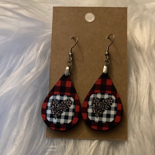 Plaid with Print Heart Tear Drop Earrings