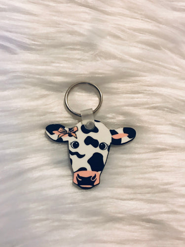 Black & White with Pink Bow (CH05) - Cow Head Keychain