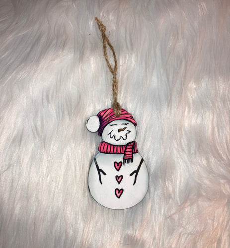 Pink Scarf Hearts - Snowman with Beanie Shape Ornament