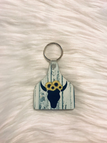 Skull with Sunflowers (CT10) - Cow Tag Shape Keychain