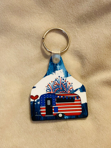 Red White Blue Camper - Cattle Tag Keychain