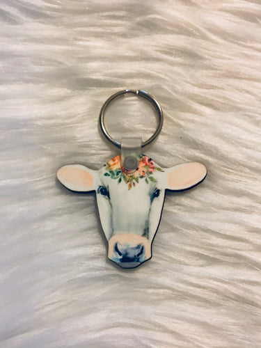 White with Floral (CH07) - Cow Head Keychain