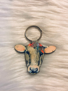 Grey Brown with Floral (CH06) - Cow Head Keychain