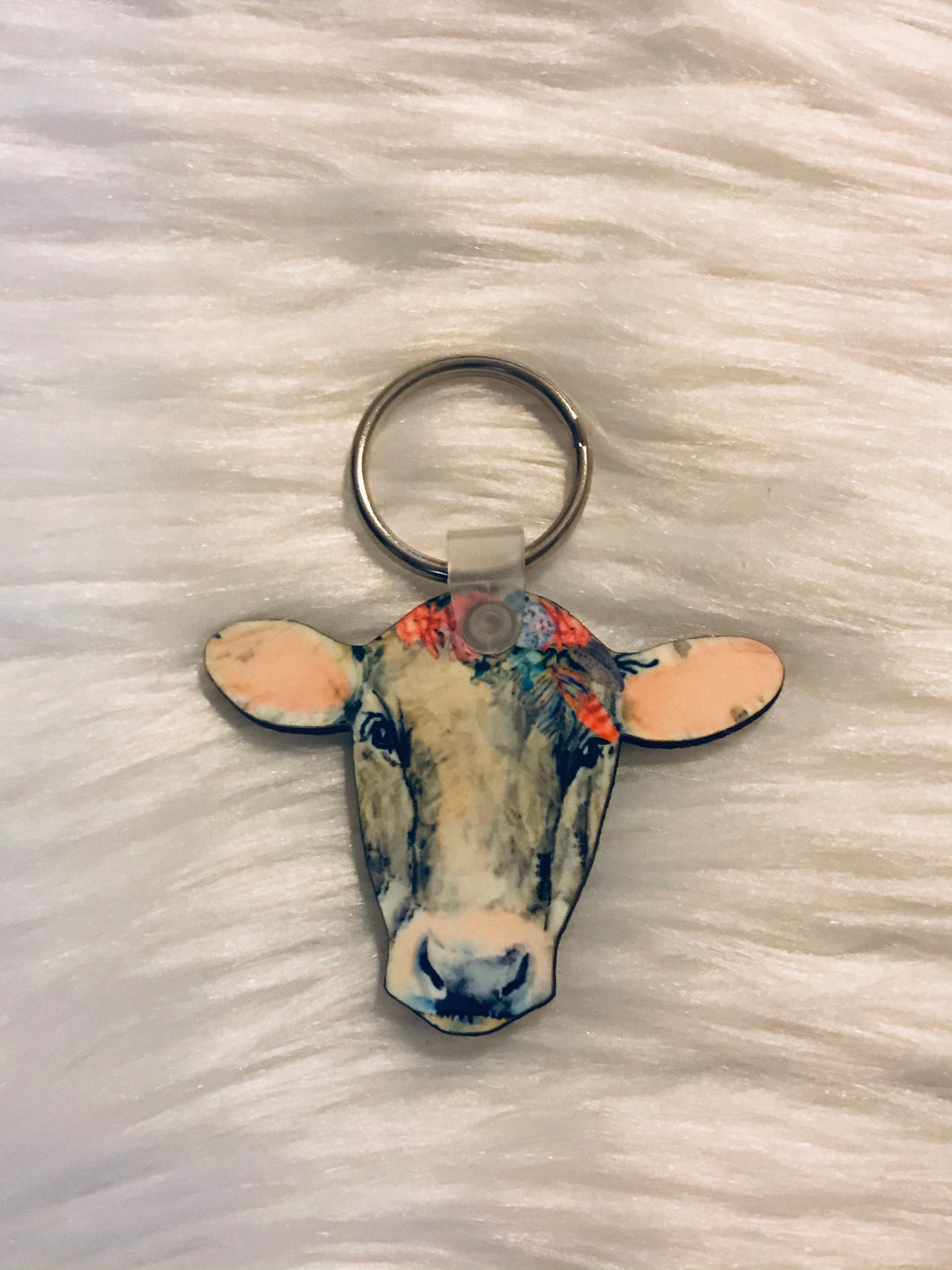 Grey Brown with Floral (CH06) - Cow Head Keychain